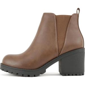 Soda ORIGAMI ~ WOMEN LUG SOLE MID HEEL FASHION ANKLE BOOTIE W/DOUBLE ELASTIC GORE(L-brown)