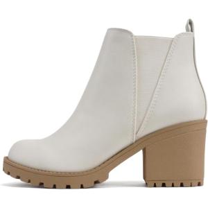Soda ORIGAMI ~ WOMEN LUG SOLE MID HEEL FASHION ANKLE BOOTIE W/DOUBLE ELASTIC GORE(White/Beige Pu)