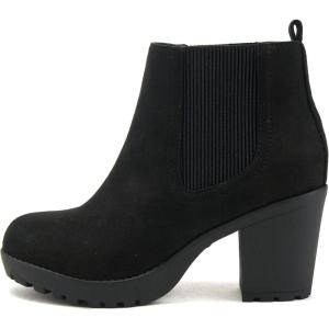 Soda PENSEE ~ Women Lug Sole Mid Heel Chelsea Fashion Ankle Bootie w/Double Elastic Gore(Black Suede)