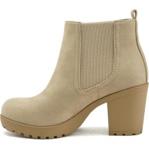 Soda PENSEE ~ Women Lug Sole Mid Heel Chelsea Fashion Ankle Bootie w/Double Elastic Gore(L-wheat Suede)