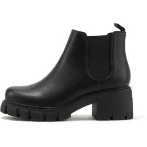 Soda PIONEER ~ Women Lug Sole Mid Heel Chelsea Fashion Ankle Bootie w/Double Elastic Gore(Black)