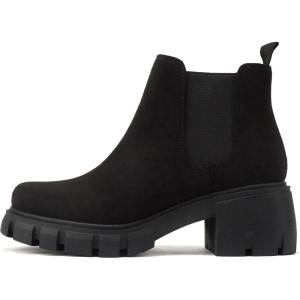 Soda PIONEER ~ Women Lug Sole Mid Heel Chelsea Fashion Ankle Bootie w/Double Elastic Gore(Black Imit Suede)