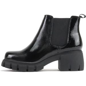 Soda PIONEER ~ Women Lug Sole Mid Heel Chelsea Fashion Ankle Bootie w/Double Elastic Gore(Black Patent)