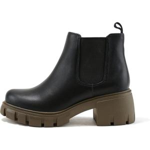 Soda PIONEER ~ Women Lug Sole Mid Heel Chelsea Fashion Ankle Bootie w/Double Elastic Gore(Black/For-green Pu)