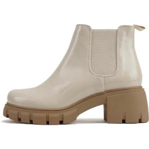 Soda PIONEER ~ Women Lug Sole Mid Heel Chelsea Fashion Ankle Bootie w/Double Elastic Gore(Bone Patent)