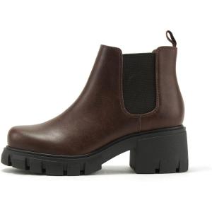 Soda PIONEER ~ Women Lug Sole Mid Heel Chelsea Fashion Ankle Bootie w/Double Elastic Gore(Brown)