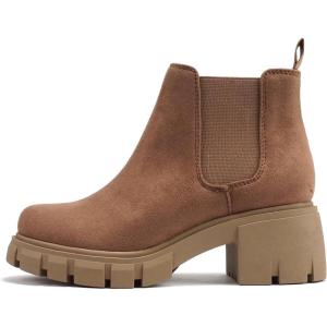 Soda PIONEER ~ Women Lug Sole Mid Heel Chelsea Fashion Ankle Bootie w/Double Elastic Gore(Deep Camel)