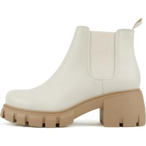 Soda PIONEER ~ Women Lug Sole Mid Heel Chelsea Fashion Ankle Bootie w/Double Elastic Gore(Off White/Nude)