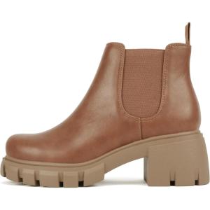 Soda PIONEER ~ Women Lug Sole Mid Heel Chelsea Fashion Ankle Bootie w/Double Elastic Gore(Tan Pu)