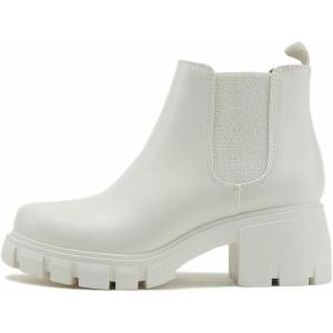 Soda PIONEER ~ Women Lug Sole Mid Heel Chelsea Fashion Ankle Bootie w/Double Elastic Gore(White)