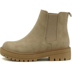Soda Pilot ~ Women Lug Sole Low Heel Chelsea Fashion Ankle Bootie w/Double Elastic Gore(Beige)