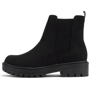 Soda Pilot ~ Women Lug Sole Low Heel Chelsea Fashion Ankle Bootie w/Double Elastic Gore(Black Imitation Suede)