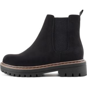Soda Pilot ~ Women Lug Sole Low Heel Chelsea Fashion Ankle Bootie w/Double Elastic Gore(Black Imitation Suede/Tan Welt)