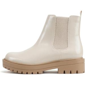 Soda Pilot ~ Women Lug Sole Low Heel Chelsea Fashion Ankle Bootie w/Double Elastic Gore(Bone Patent)