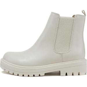 Soda Pilot ~ Women Lug Sole Low Heel Chelsea Fashion Ankle Bootie w/Double Elastic Gore(Bone Pu)