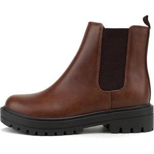 Soda Pilot ~ Women Lug Sole Low Heel Chelsea Fashion Ankle Bootie w/Double Elastic Gore(Cognac/Brown)