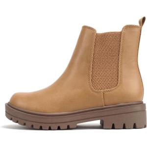 Soda Pilot ~ Women Lug Sole Low Heel Chelsea Fashion Ankle Bootie w/Double Elastic Gore(Dark Blond Pu)