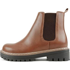 Soda Pilot ~ Women Lug Sole Low Heel Chelsea Fashion Ankle Bootie w/Double Elastic Gore(Tan/Brn Pu Welt)