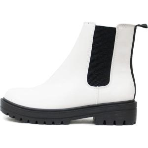 Soda Pilot ~ Women Lug Sole Low Heel Chelsea Fashion Ankle Bootie w/Double Elastic Gore(White)
