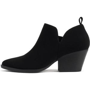 Soda SECTORY ~ Women Pointed Toe V Cut Stacked Chunky Low Heel Ankle Boot Bootie Side Zipper(Black Nubuck)