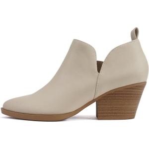 Soda SECTORY ~ Women Pointed Toe V Cut Stacked Chunky Low Heel Ankle Boot Bootie Side Zipper(Bone Pu)