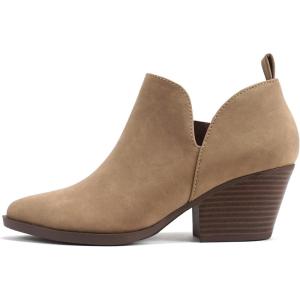 Soda SECTORY ~ Women Pointed Toe V Cut Stacked Chunky Low Heel Ankle Boot Bootie Side Zipper(Latte Nubuck)