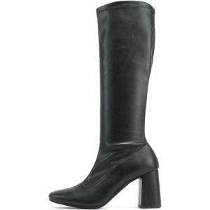 Soda “SELINA” ~ Women Snip Toe Slip-On Medium Heel Knee-High Boot(Black Pu)