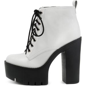 Soda SETUP ~ Women Super Chunky High Block Heel Lace-up Fashion Ankle Boot w/Side Zipper(White/Black Pu)