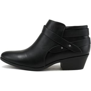 Soda SWEETEN Women’s Fashion Closed Toe Multi Strap Ankle Bootie Block Heel (Wide Fit Available)(Black Pu)