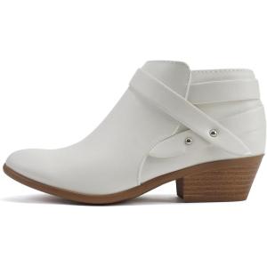 Soda SWEETEN Women’s Fashion Closed Toe Multi Strap Ankle Bootie Block Heel (Wide Fit Available)(White Pu Sweeten)