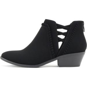 Soda Sincere Women’s Low Ankle Heel Bootie with Elastic Cross Straps (Wide Fit Available)(Black Nubuck)