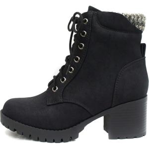 Soda Single Lug Sole Chunky Heel Combat Ankle Boot Lace up w/Side Zipper(Black (Nubuck))