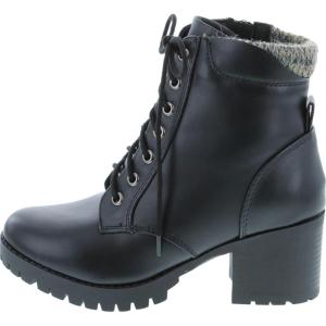 Soda Single Lug Sole Chunky Heel Combat Ankle Boot Lace up w/Side Zipper(Black Pu)