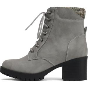 Soda Single Lug Sole Chunky Heel Combat Ankle Boot Lace up w/Side Zipper(Grey Nubuck)