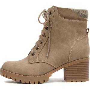Soda Single Lug Sole Chunky Heel Combat Ankle Boot Lace up w/Side Zipper(Light Taupe)