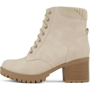 Soda Single Lug Sole Chunky Heel Combat Ankle Boot Lace up w/Side Zipper(Off-white)