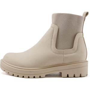Soda TAPER ~ Women Lug Sole Low Heel Chelsea Fashion Elastic Sock Shaft Ankle Bootie(Beige Nubuck)