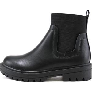 Soda TAPER ~ Women Lug Sole Low Heel Chelsea Fashion Elastic Sock Shaft Ankle Bootie(Black Pu)