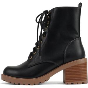 Soda “VELOUR” ~ Women Round Toe Lace-Up Lug Sole Medium Stack Heel Mid Shaft Combat Boot with Side Zipper(Black/Tan Pu)