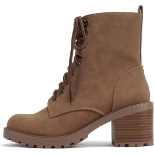 Soda “VELOUR” ~ Women Round Toe Lace-Up Lug Sole Medium Stack Heel Mid Shaft Combat Boot with Side Zipper(Light Cognac Nubuck)