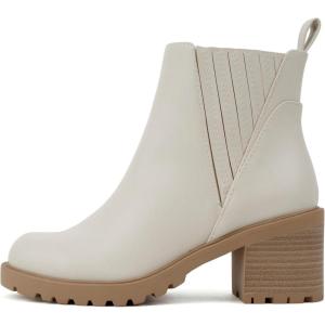 Soda “Wisely” ~ Women Round Toe Finger Gore Lug Sole Low Heel Ankle Boot(Bone Pu)