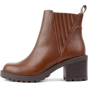 Soda “Wisely” ~ Women Round Toe Finger Gore Lug Sole Low Heel Ankle Boot(Cognac Pu)