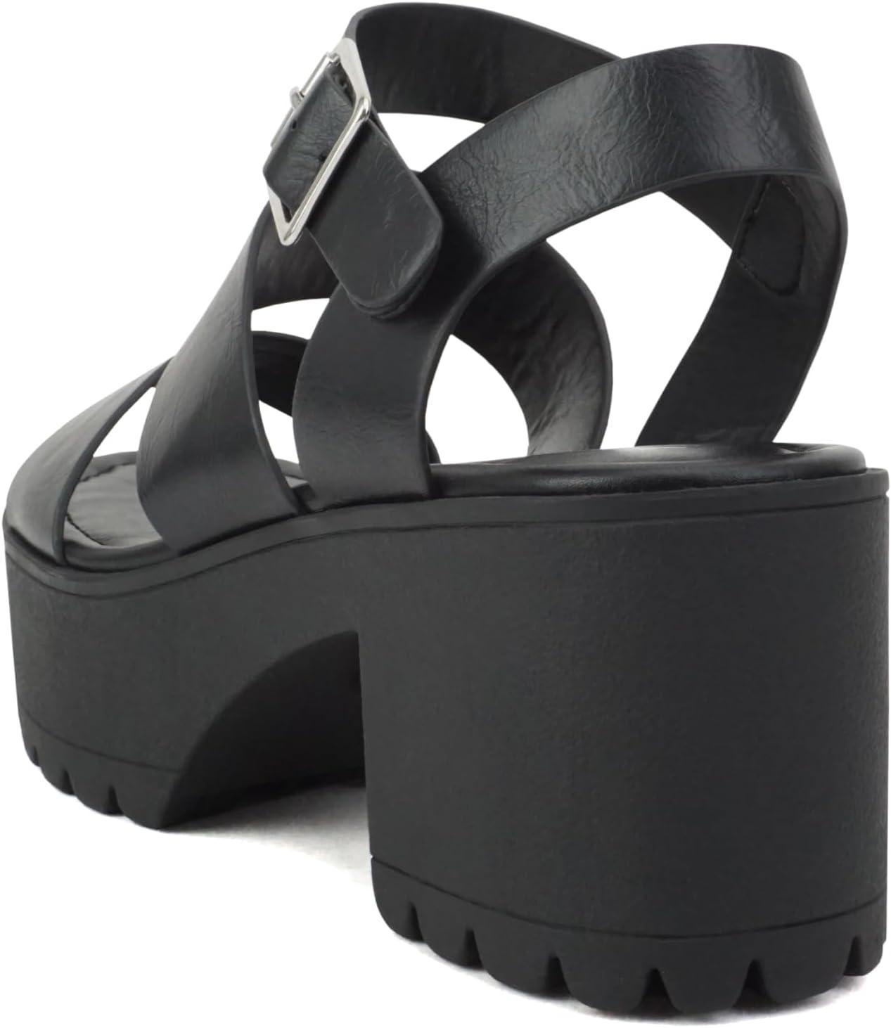 imageSoda ACCOUNT  Women Open Toe Two Bands Lug sole Fashion Block Heel Sandals with Adjustable Ankle StrapBlack
