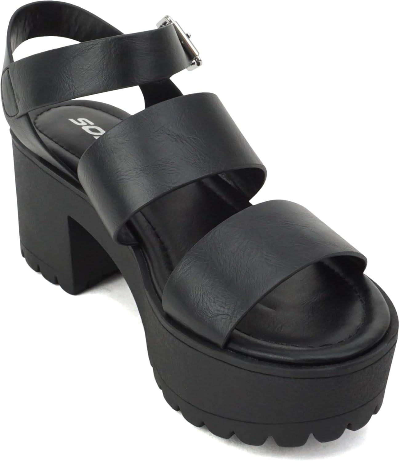 imageSoda ACCOUNT  Women Open Toe Two Bands Lug sole Fashion Block Heel Sandals with Adjustable Ankle StrapBlack