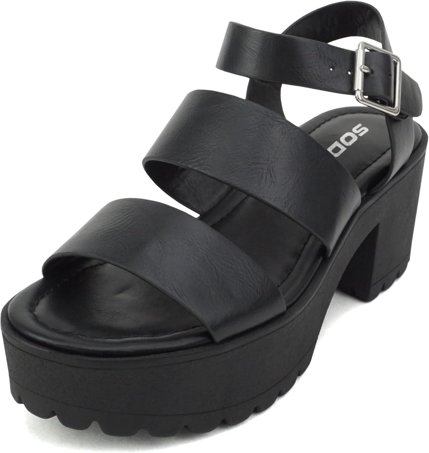 imageSoda ACCOUNT  Women Open Toe Two Bands Lug sole Fashion Block Heel Sandals with Adjustable Ankle StrapBlack