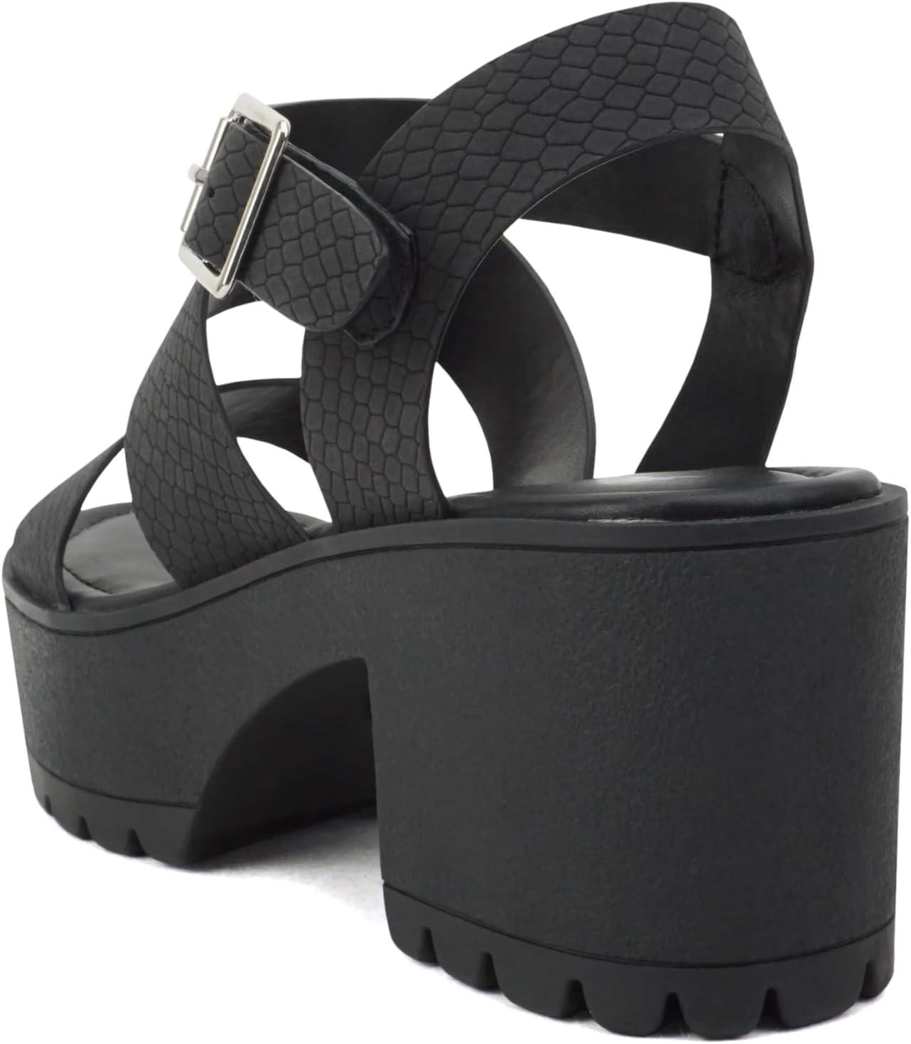 imageSoda ACCOUNT  Women Open Toe Two Bands Lug sole Fashion Block Heel Sandals with Adjustable Ankle StrapBlack Cobra Nubuck