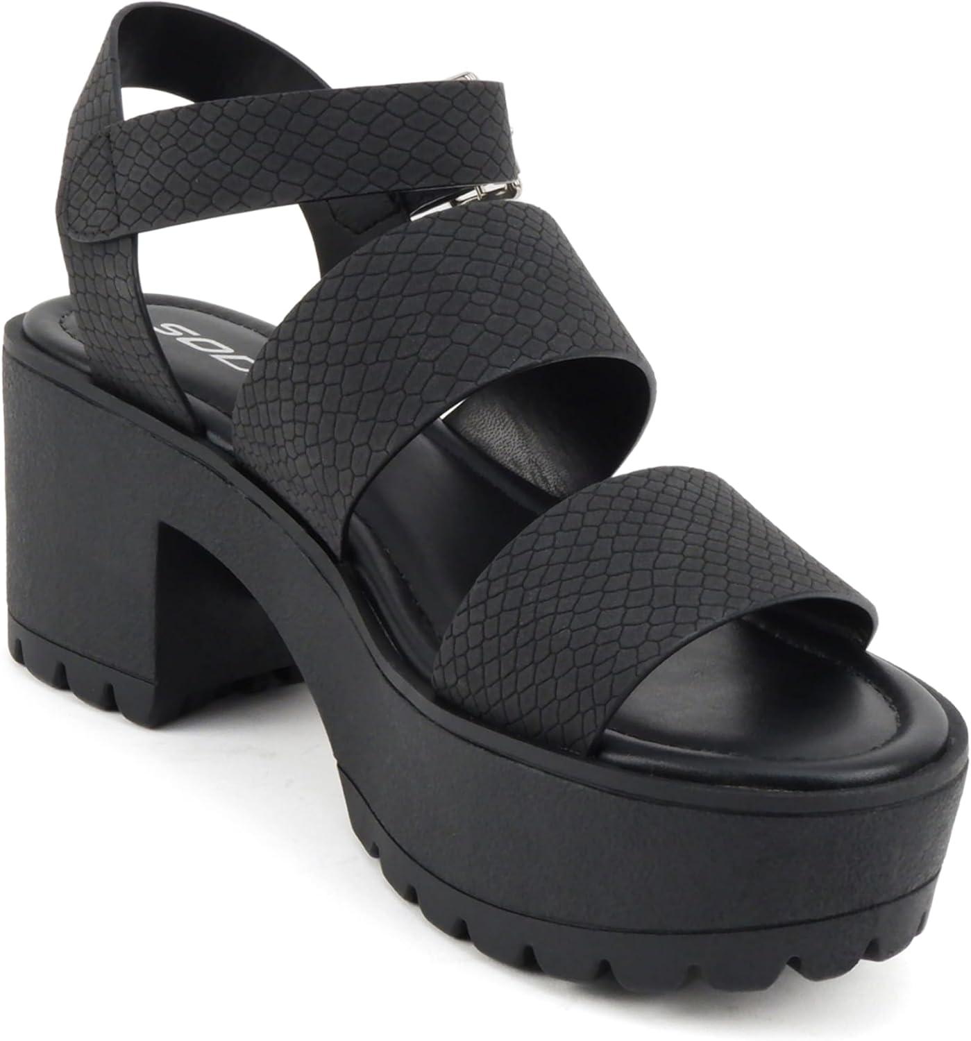imageSoda ACCOUNT  Women Open Toe Two Bands Lug sole Fashion Block Heel Sandals with Adjustable Ankle StrapBlack Cobra Nubuck
