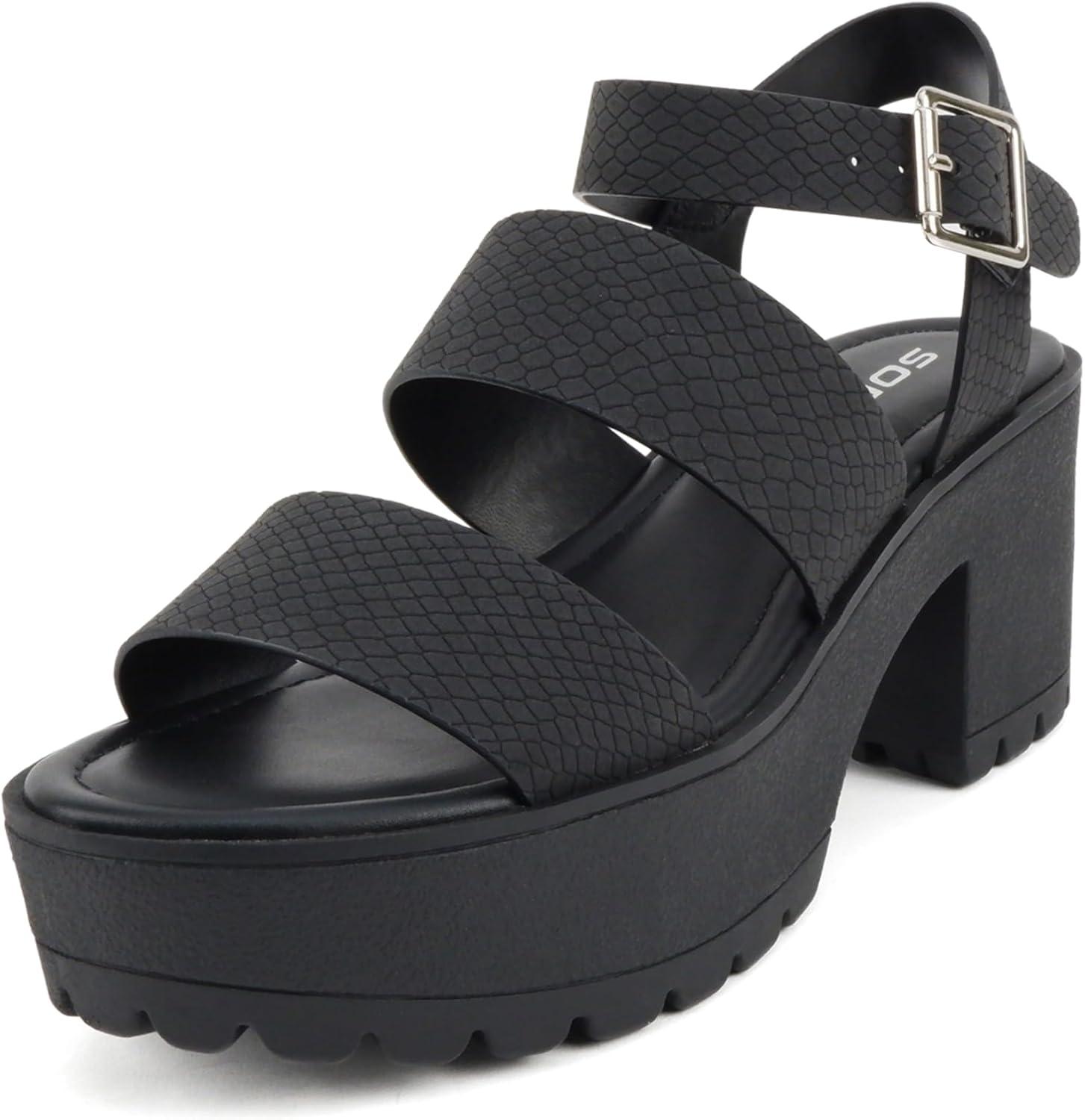 imageSoda ACCOUNT  Women Open Toe Two Bands Lug sole Fashion Block Heel Sandals with Adjustable Ankle StrapBlack Cobra Nubuck