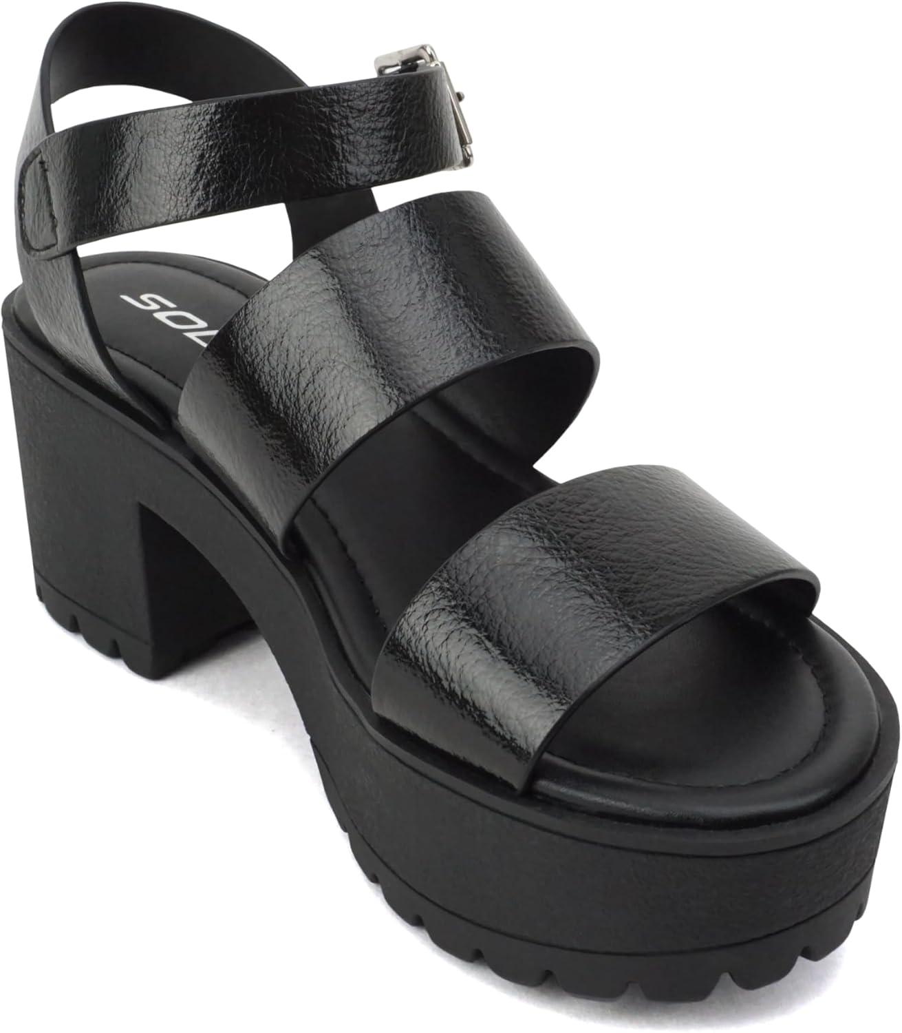 imageSoda ACCOUNT  Women Open Toe Two Bands Lug sole Fashion Block Heel Sandals with Adjustable Ankle StrapBlack Metallic