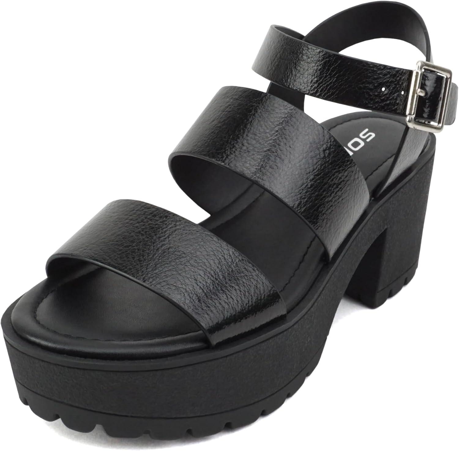 imageSoda ACCOUNT  Women Open Toe Two Bands Lug sole Fashion Block Heel Sandals with Adjustable Ankle StrapBlack Metallic